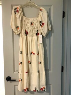 NWT-Cream Smocked Midi Dress with Orange Floral Embroidery